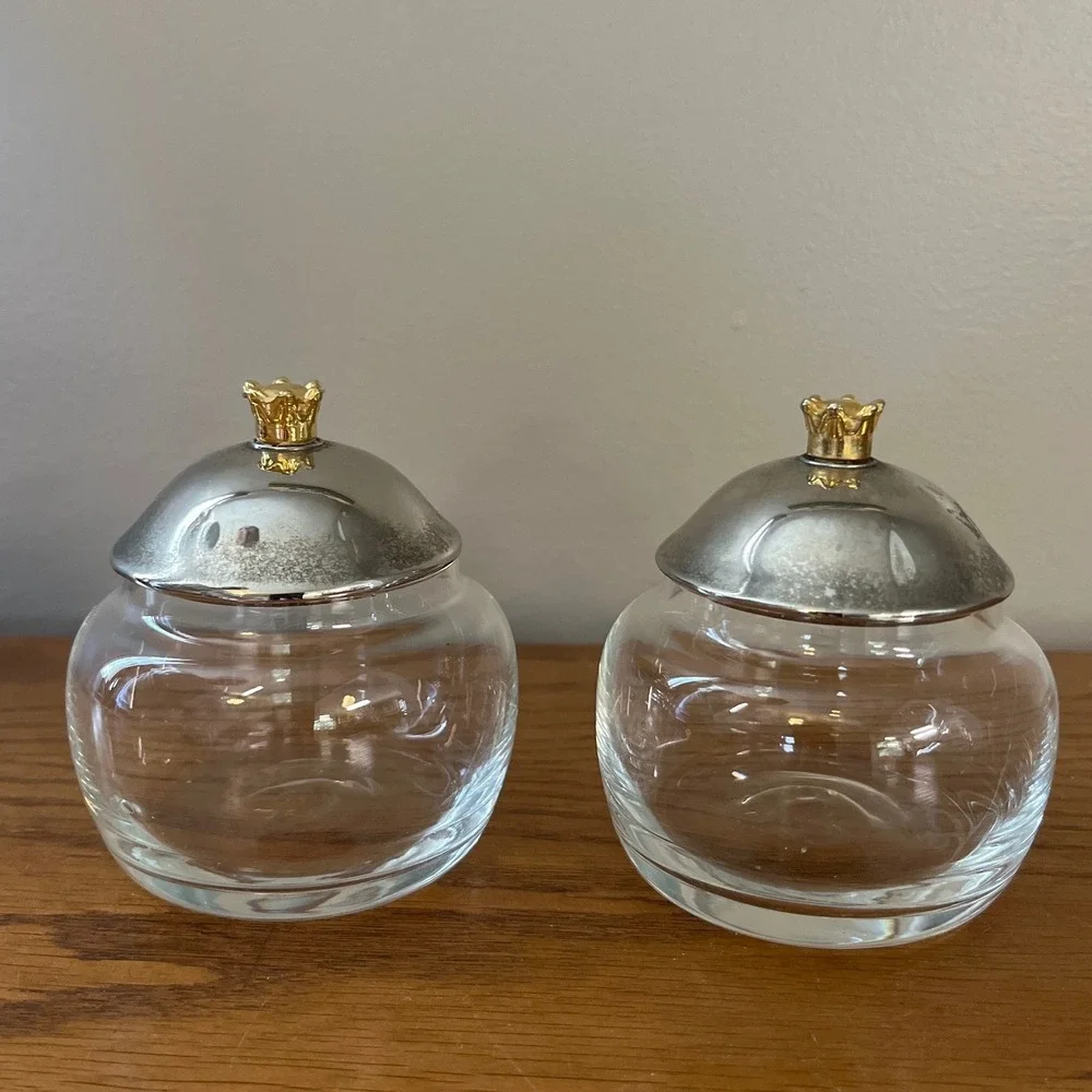 Set of 2 Glass and Metal‎ Condiment Jars Slotted Lid Silver Gold Trinket Jar